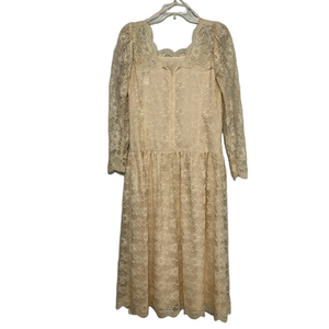 Lanz Originals Vintage Lace Drop Waist Dress Fully Lined in Cream Color Size 10